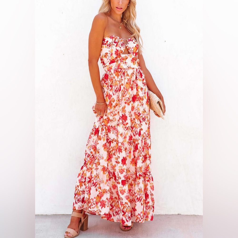VICI - Strapless Floral GOLDEN TIMES FRONT CUTOUT METALLIC MAXI Dress -NWOT - Picture 3 of 5